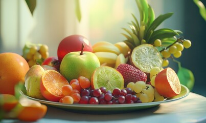 Vibrant fruit platter with exotic tropical fruits, fine texture details and bright natural light enhancing the freshness,