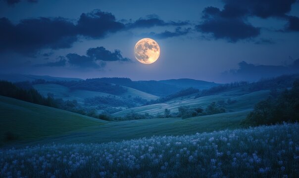 Vibrant full moon illuminating a serene countryside landscape, soft ambient light casting a mystical glow over the surrounding hills