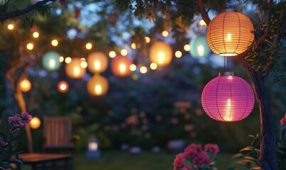 Vibrant garden party setup with colorful lanterns hanging from tree branches, soft twilight glow creating a cheerful evening atmosphere, perfect for celebrations,