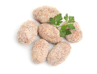 Uncooked meat patties with parsley and peppercorns isolated on white, top view