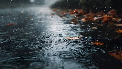 Closeup of raindrops falling on black surface on dull autumn day