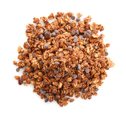 Pile of tasty granola with chocolate chips isolated on white, top view
