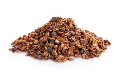 Pile of tasty granola with chocolate chips isolated on white