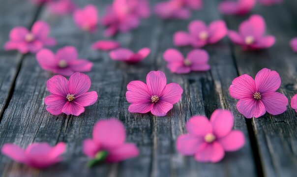 Vibrant pink cosmos flower petals scattered on a rustic wooden surface, delicate textures highlighted by soft natural light