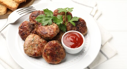 Delicious patties with parsley, ketchup and fork on white wooden table, closeup