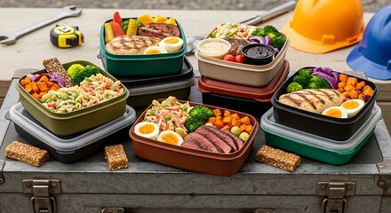 Healthy lunchboxes prepared for hardworking professionals on industrial site