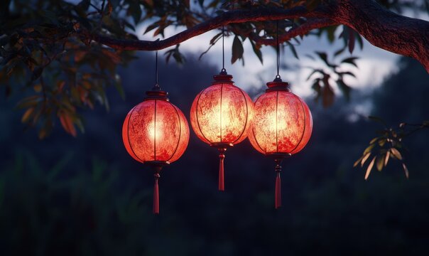 Vibrant red lanterns hanging outdoors, softly glowing against a dark evening sky, rich warm tones, traditional festive atmosphere, high detail, clean and sharp composition,