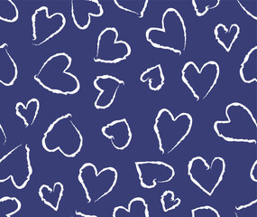 Hand drawn white heart seamless pattern. Seamless vector romantic white hearts with blue background print. Template Valentine's day holiday backdrop texture, , grunge, romantic, wedding, design. 
