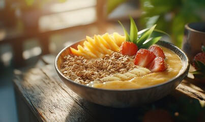 Vibrant smoothie bowl garnished with sliced tropical fruits and granola, placed on a rustic wooden table, soft natural light highlighting the bright tones