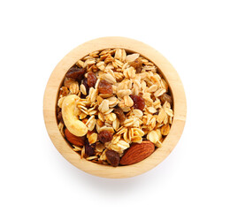 Tasty granola with dried fruits and nuts in bowl isolated on white, top view