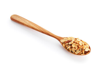 Tasty granola with dried fruits in spoon isolated on white