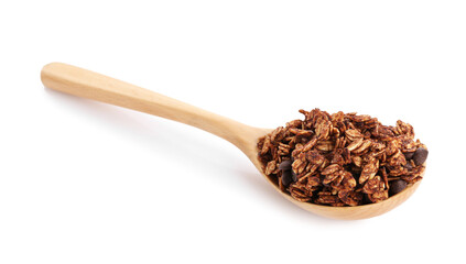 Tasty granola with chocolate chips in spoon isolated on white
