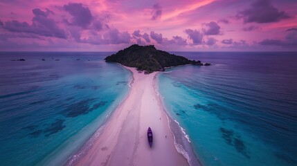Aerial view of a small tropical island surrounded by pink and blue ocean tones.