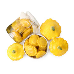 Fresh and pickled pattypan squashes isolated on white, top view