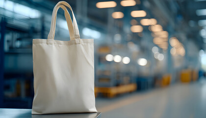 Naklejka premium Medium shot of a reusable cloth bag against a blurred modern delivery area.