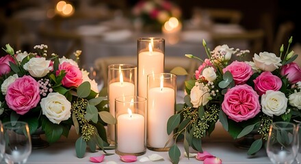 Elegant wedding table centerpiece with candles and pink and white roses