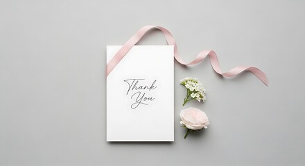 Thank you card with flowers and ribbon on gray background, top view