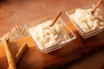 Rice pudding. Dessert made by cooking rice in milk and sugar, some recipes include cinnamon, vanilla or other ingredients, it is a very easy dessert to make and very popular all over the world.
