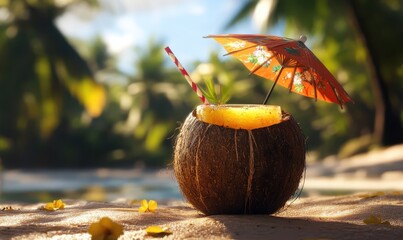Vibrant tropical cocktail served in a coconut with a straw and umbrella, bright afternoon light enhancing the fresh and exotic feel