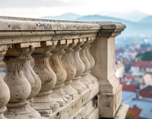 Close-up view of a decorative stone balcony with city views