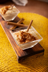 Rice pudding. Dessert made by cooking rice in milk and sugar, some recipes include cinnamon, vanilla or other ingredients, it is a very easy dessert to make and very popular all over the world.
