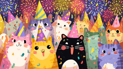2D cartoon cute cat wearing party hat celebrating New Year 2026 with fireworks and confetti, bright and cheerful colors