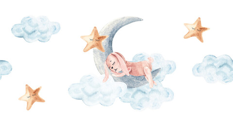 Watercolor sleeping bunny on moon with clouds and stars, hand painted baby seamless border, pattern for nursery, baby shower cards and wall print.