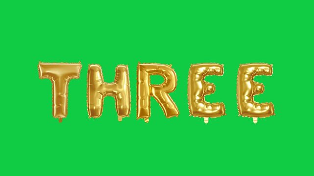 Golden foil balloon number three for a toddler's 3rd birthday party or a special three-year anniversary. Transparent Background, Cutout