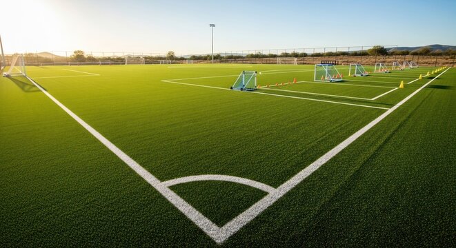 Green sports field with goals and cones under clear sky. - Powered by Adobe
