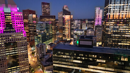 Colorful cityscape with office towers and apartments