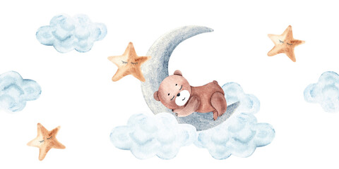 Watercolor sleeping bear on moon with stars and clouds, hand painted baby seamless border, pattern for nursery, baby shower and wall art.