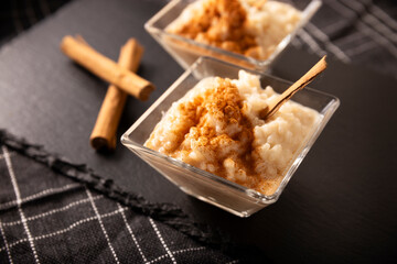 Rice pudding. Dessert made by cooking rice in milk and sugar, some recipes include cinnamon, vanilla or other ingredients, it is a very easy dessert to make and very popular all over the world.