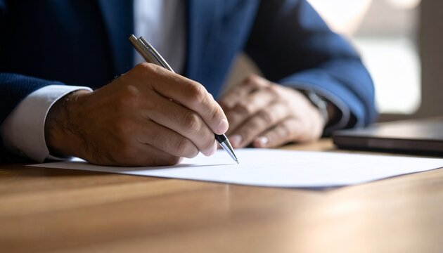 Businessman in a suit is writing on white paper with pen at desk in natural light