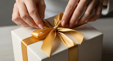 Hands tying a golden ribbon on a white gift box for a special occasion