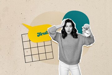 Banner 3d art pop image collage of puzzled businesswoman inexperienced employee inflation problem...