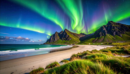 Stunning aurora borealis over mountain range and sandy beach at night