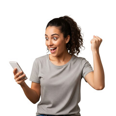 Fototapeta premium Excited young woman with dark curly hair in a ponytail celebrating success while looking at her smartphone isolated on transparent background