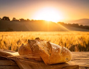 Crusty bread on a board with wheat and a sunset backdrop