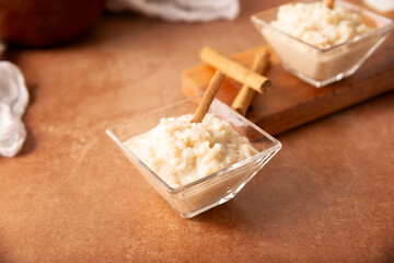 Rice pudding. Dessert made by cooking rice in milk and sugar, some recipes include cinnamon, vanilla or other ingredients, it is a very easy dessert to make and very popular all over the world.