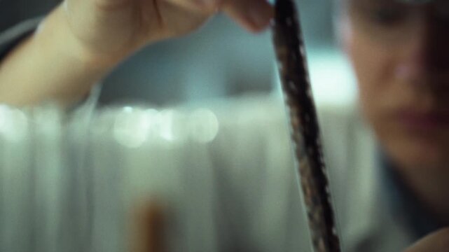 A scientist is conducting an experiment to create coffee beans in a laboratory. The work involves precise measurement and observation, showcasing a focus on coffee development