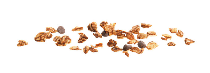 Delicious granola with chocolate chips in air isolated on white