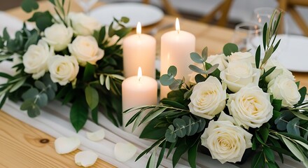 Obraz premium Romantic wedding table centerpiece with candles and white roses arrangement