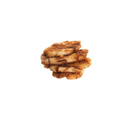 Delicious granola in air isolated on white