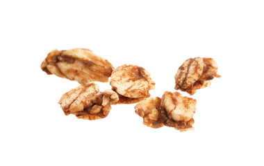 Delicious granola in air isolated on white