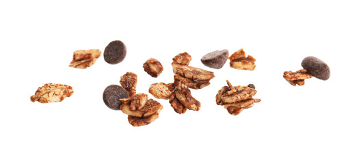 Delicious granola with chocolate chips in air isolated on white