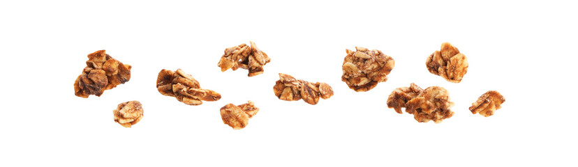 Delicious granola in air isolated on white