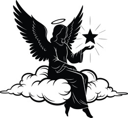 Mysterious silhouette of an angel with outstretched hand holding a glowing star above clouds
