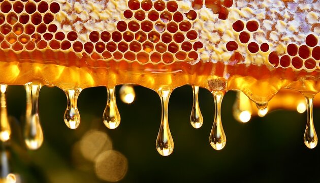 close up of dripping golden honey from a honeycomb a culinary treasure from the diligent work of bees