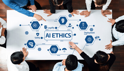 A diverse group of professionals collaboratively discussing AI ethics, focusing on key concepts...