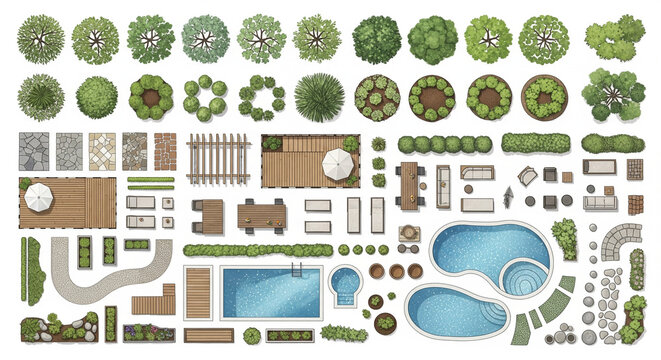 2D Plan Landscape Design Collection; Vector Garden Elements, Outdoor Textures, Plant Symbols for Architecture Drawings, Illustrator, Photoshop, Revit, SketchUp, or GIS map layouts, CAD/AutoCAD plans